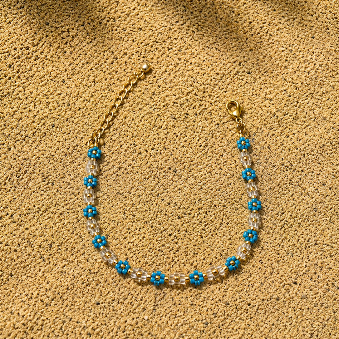Pulsera Miyuki Flores Azul y Blancas con extensor