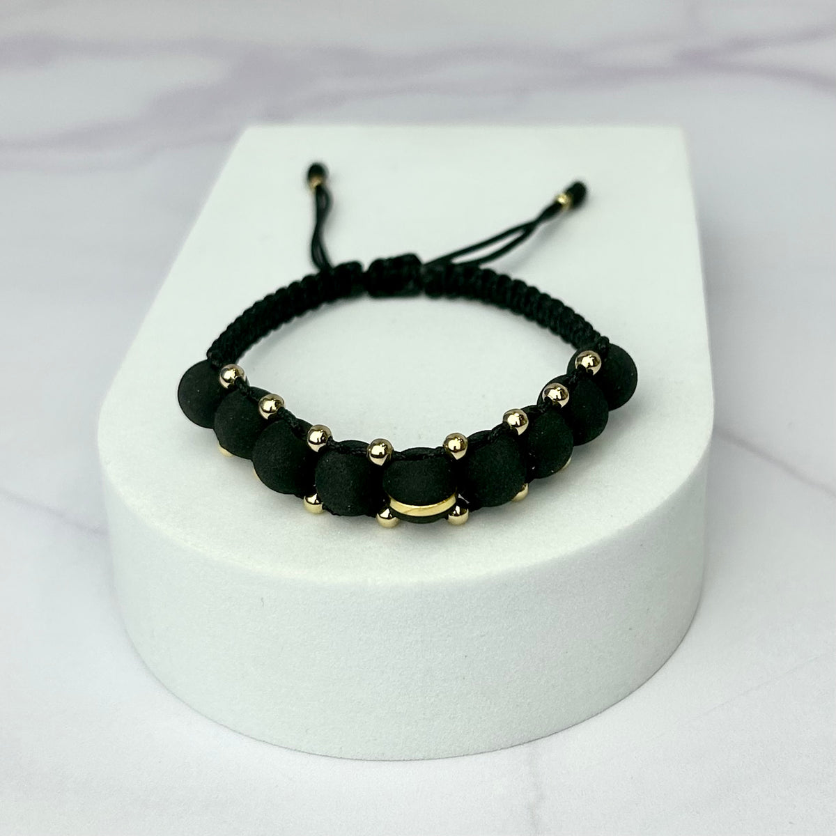 Pulsera Tejida Tres Carriles Balin Neopreno 1 Línea y Balin Liso Oro Laminado 18 K NG