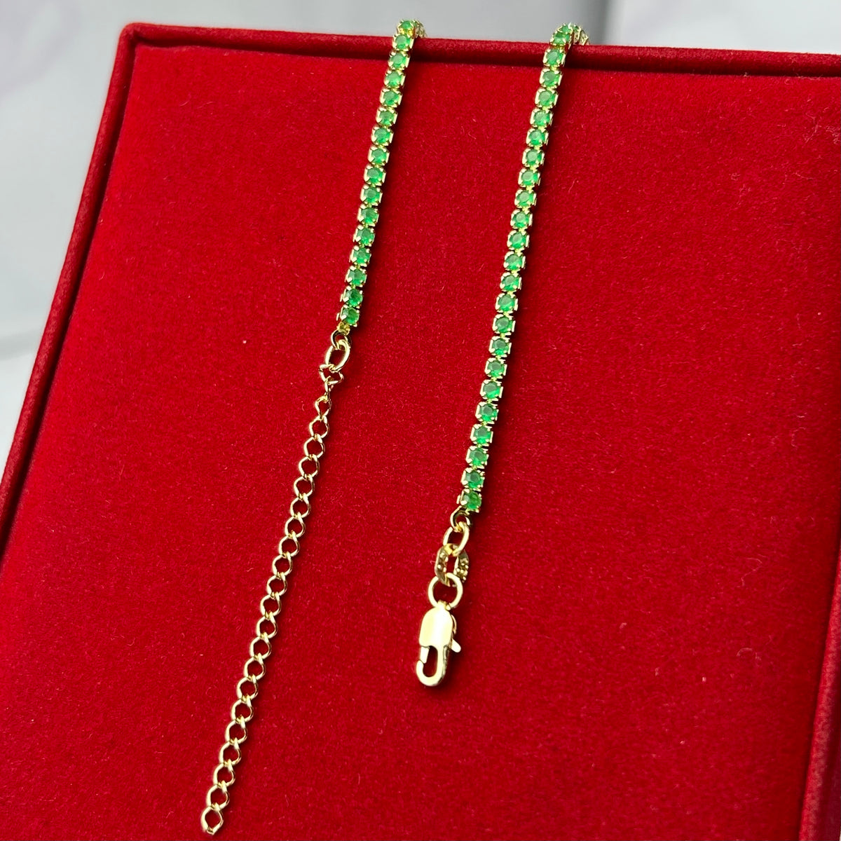 Pulsera Tipo Tennis cristal verde 2 mm x 18 cm + ext 5cm