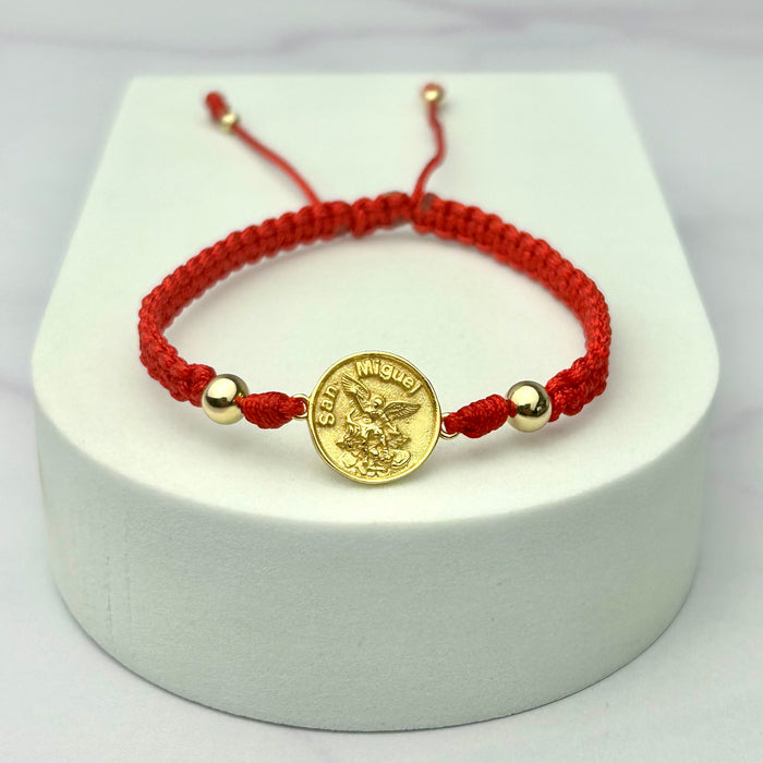 Pulsera Tejida San Miguel Arcángel Balín Liso Dorado Roja