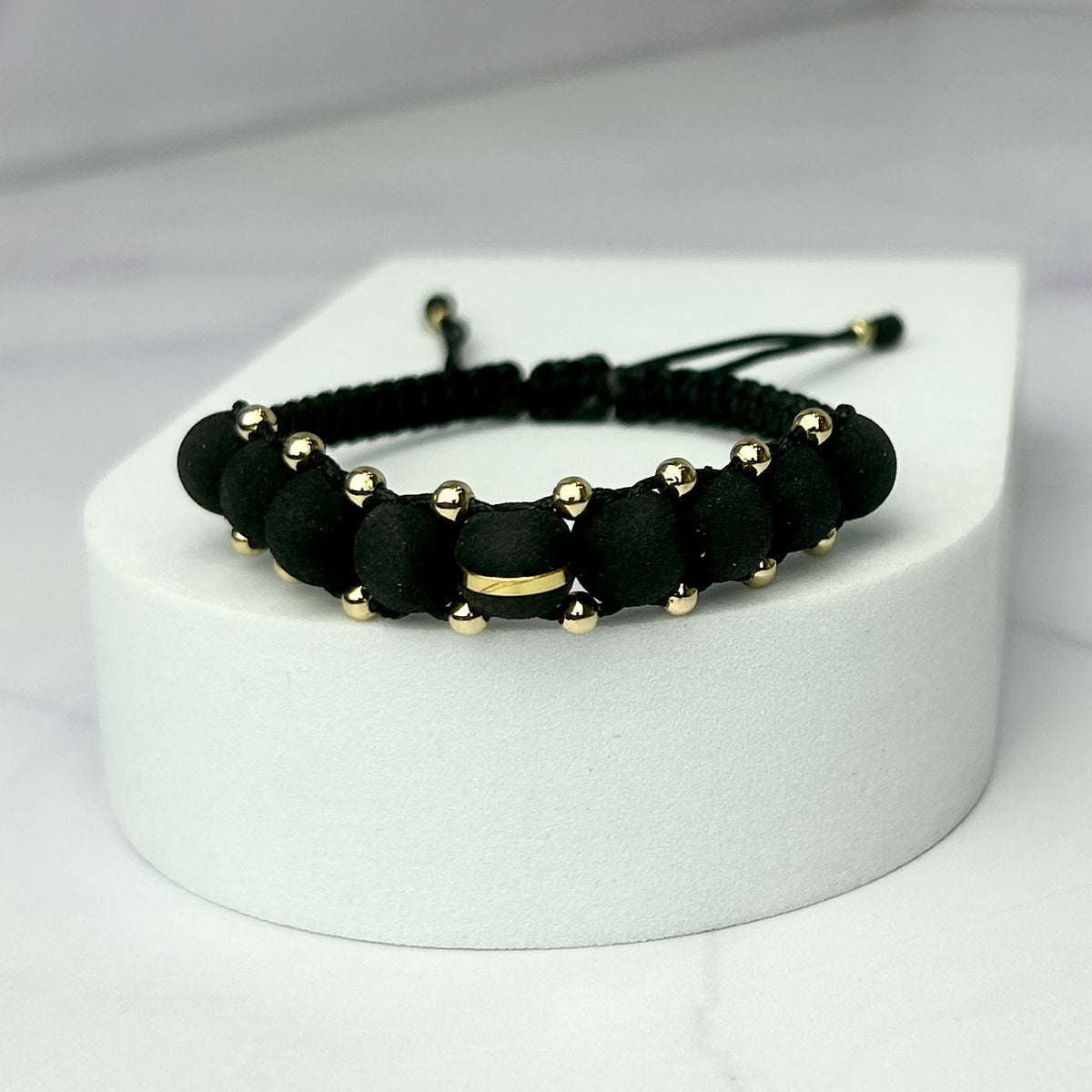 Pulsera Tejida Tres Carriles Balin Neopreno 1 Línea y Balin Liso Oro Laminado 18 K NG