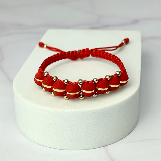 Pulsera Tejido 3 Carriles Balin Neopreno 1 línea y Balin Liso Oro Laminado 18 K RJ