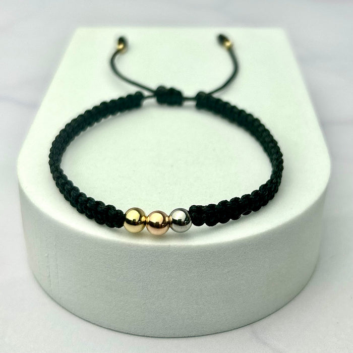Pulsera Tejida Tres Oros Balín Liso Negra