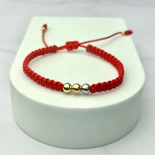 Pulsera Tejida Tres Oros Balín Liso Roja